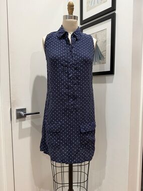 Equipment Navy Polka Dot Sleeveless Shirt Dress